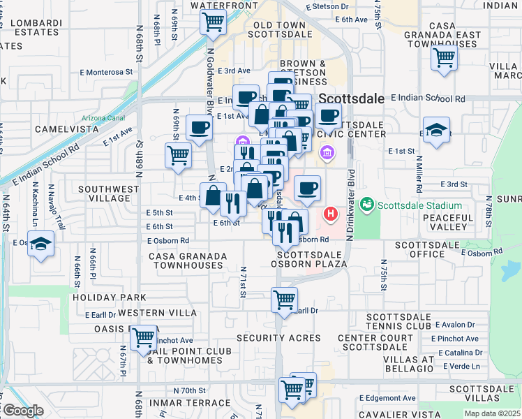 map of restaurants, bars, coffee shops, grocery stores, and more near 3530 North Goldwater Boulevard in Scottsdale