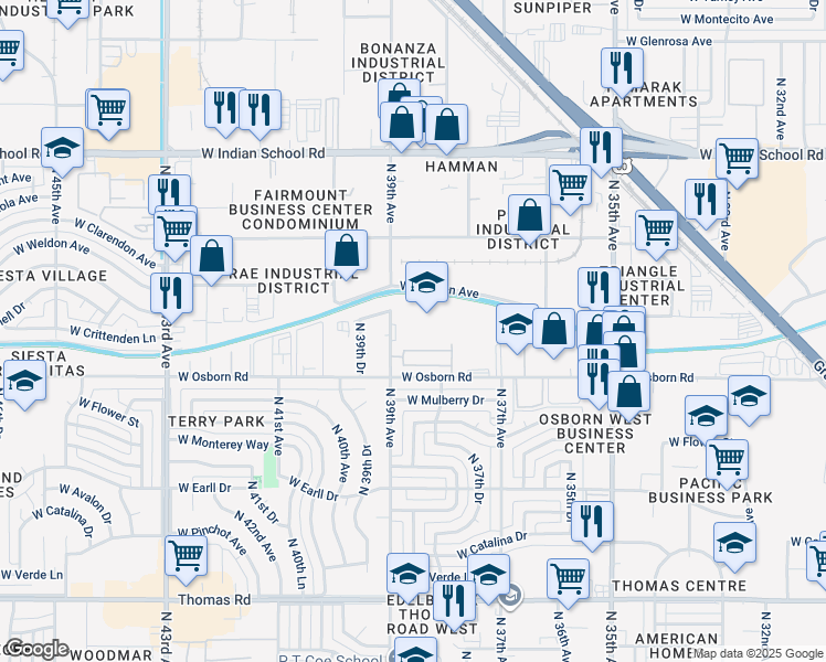 map of restaurants, bars, coffee shops, grocery stores, and more near 3449 North 39th Avenue in Phoenix