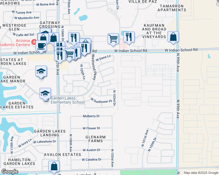 map of restaurants, bars, coffee shops, grocery stores, and more near 10358 West Willow Lane in Avondale