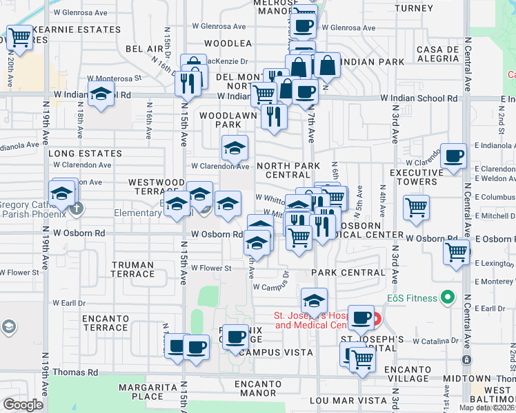 map of restaurants, bars, coffee shops, grocery stores, and more near 1018 West Mitchell Drive in Phoenix