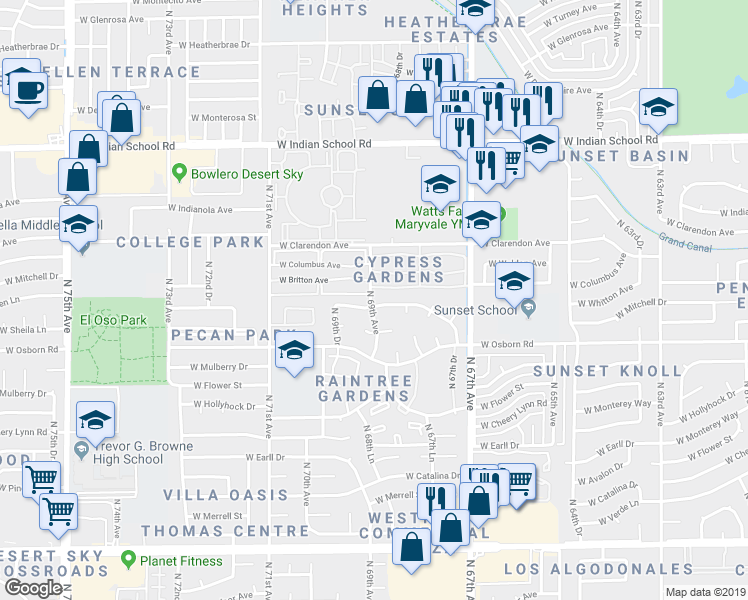 map of restaurants, bars, coffee shops, grocery stores, and more near 6850 West Crittenden Lane in Phoenix