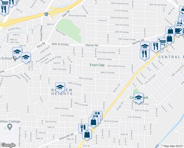 map of restaurants, bars, coffee shops, grocery stores, and more near 1337 44th Street Ensley in Birmingham