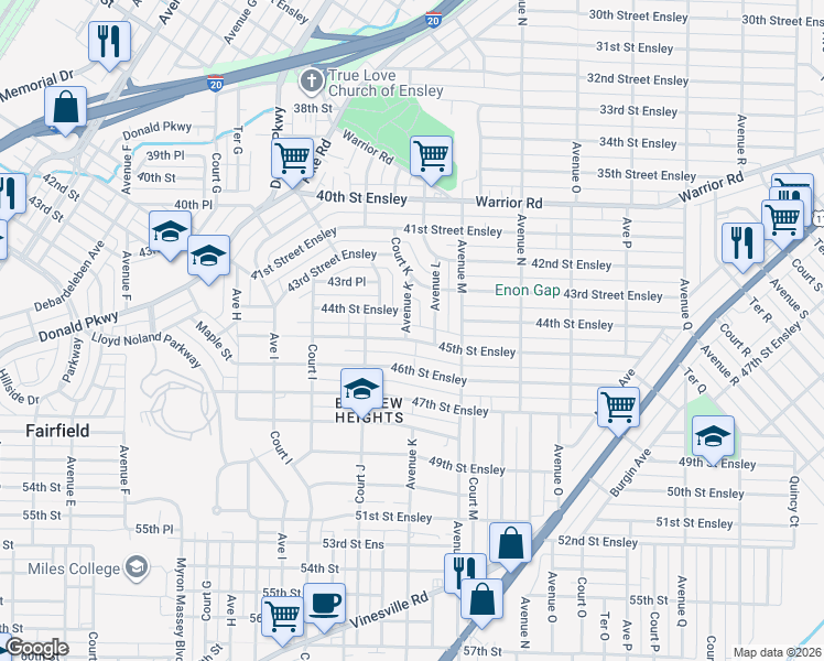 map of restaurants, bars, coffee shops, grocery stores, and more near 1100 45th Street Ensley in Birmingham