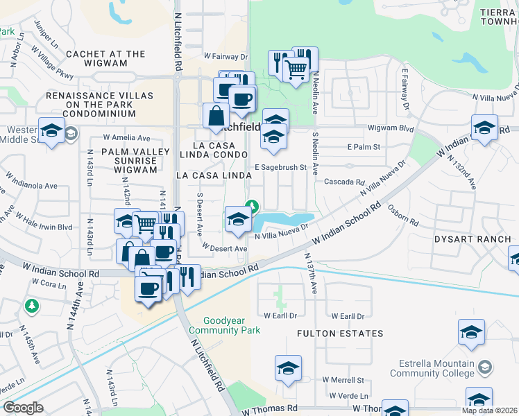 map of restaurants, bars, coffee shops, grocery stores, and more near 294 Laguna Drive West in Litchfield Park