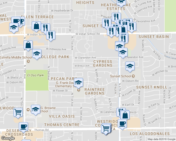 map of restaurants, bars, coffee shops, grocery stores, and more near 6938 West Crittenden Lane in Phoenix