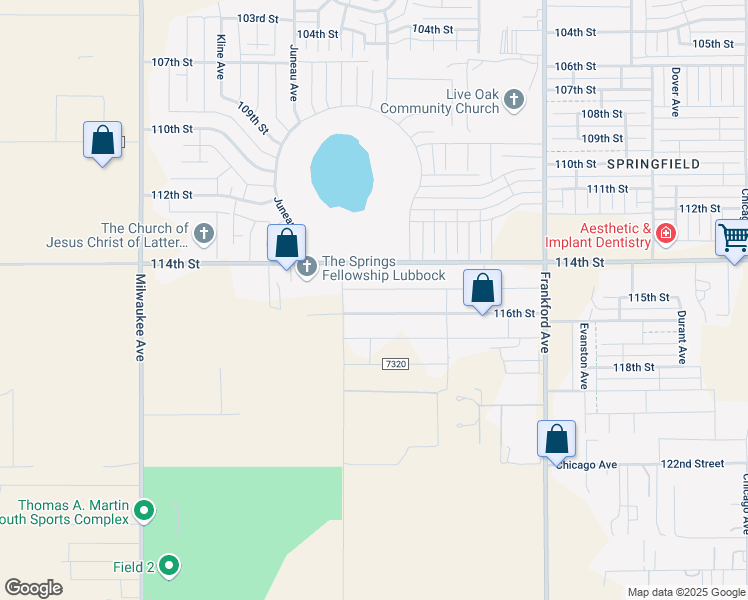 map of restaurants, bars, coffee shops, grocery stores, and more near 6016 116th Street in Lubbock