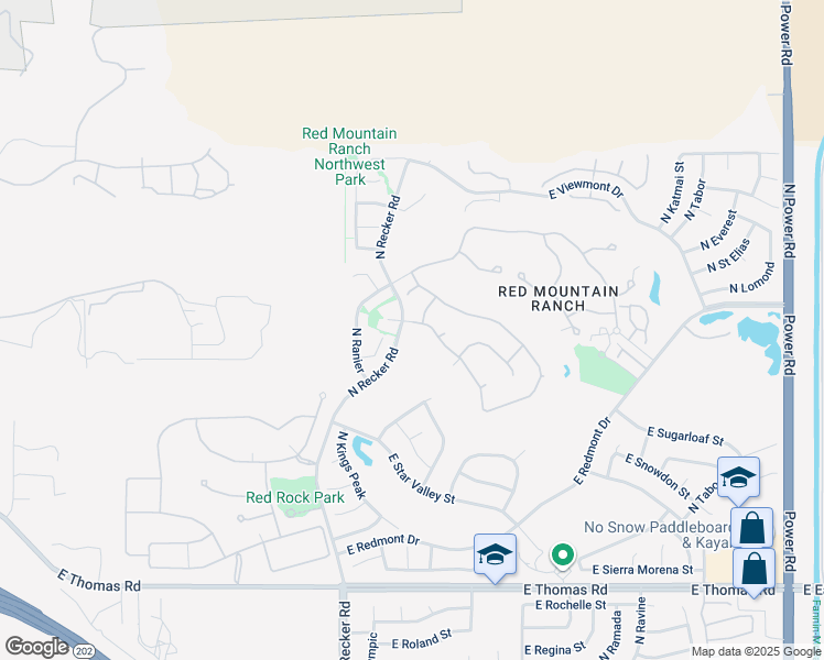map of restaurants, bars, coffee shops, grocery stores, and more near 4031 North Recker Road in Mesa