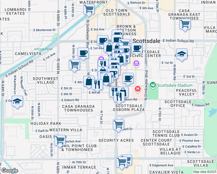 map of restaurants, bars, coffee shops, grocery stores, and more near 3530 North Goldwater Boulevard in Scottsdale