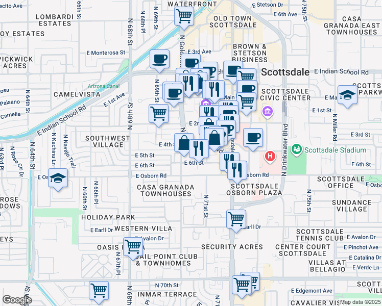 map of restaurants, bars, coffee shops, grocery stores, and more near 7023 East 4th Street in Scottsdale
