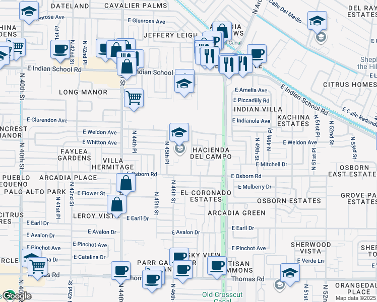 map of restaurants, bars, coffee shops, grocery stores, and more near 3438 North 47th Street in Phoenix