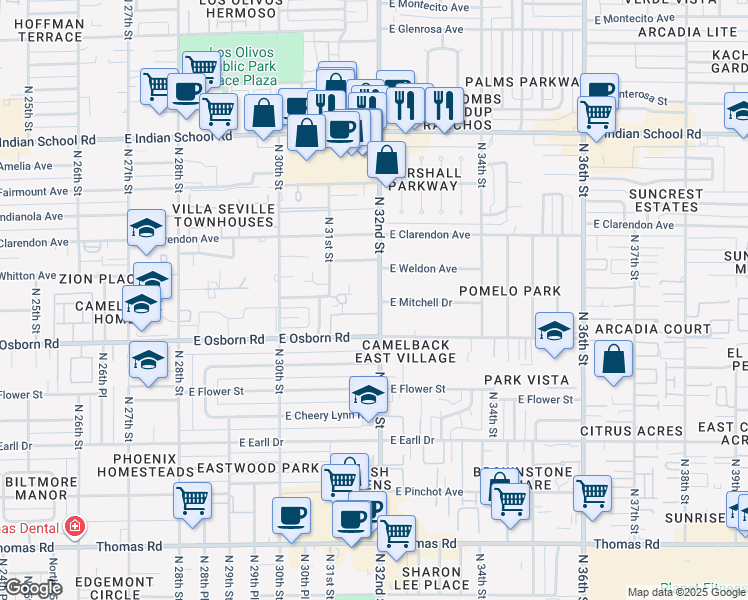 map of restaurants, bars, coffee shops, grocery stores, and more near 3427 North 32nd Street in Phoenix