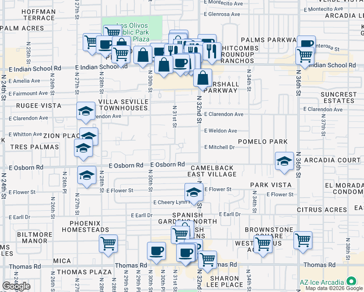 map of restaurants, bars, coffee shops, grocery stores, and more near in Phoenix