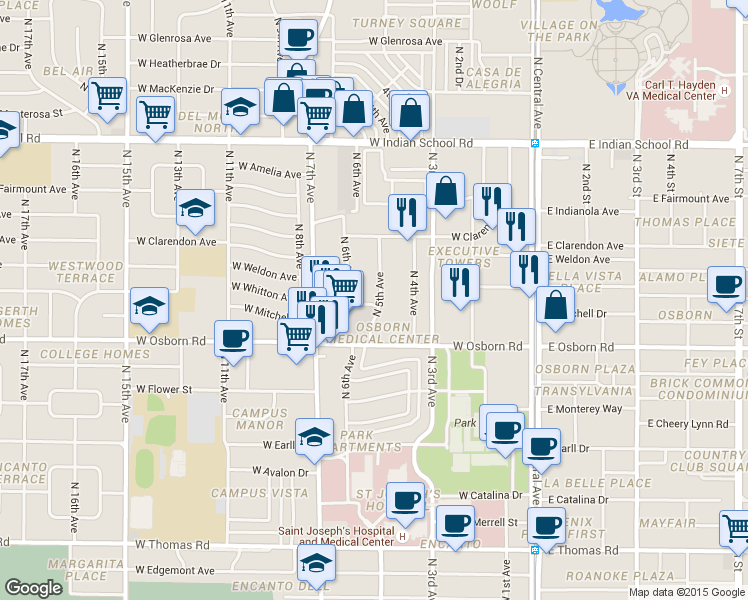 map of restaurants, bars, coffee shops, grocery stores, and more near 3601 North 5th Avenue in Phoenix
