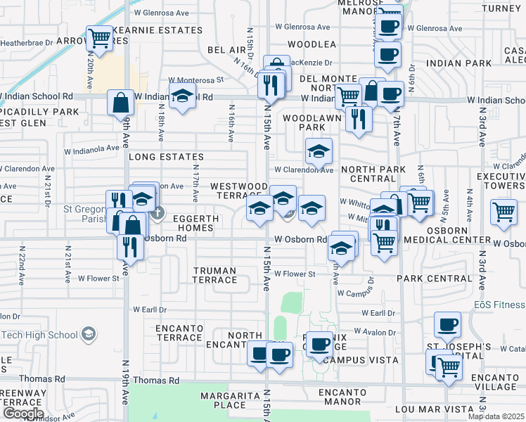 map of restaurants, bars, coffee shops, grocery stores, and more near 1514 West Mitchell Drive in Phoenix