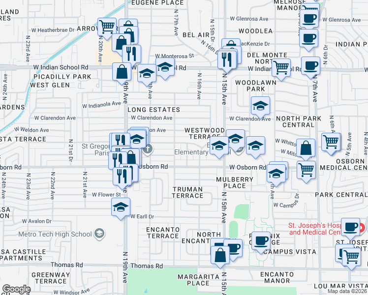 map of restaurants, bars, coffee shops, grocery stores, and more near 3432 North 16th Drive in Phoenix