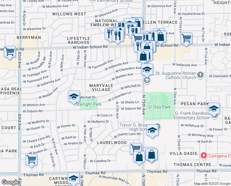 map of restaurants, bars, coffee shops, grocery stores, and more near 7636 West Crittenden Lane in Phoenix