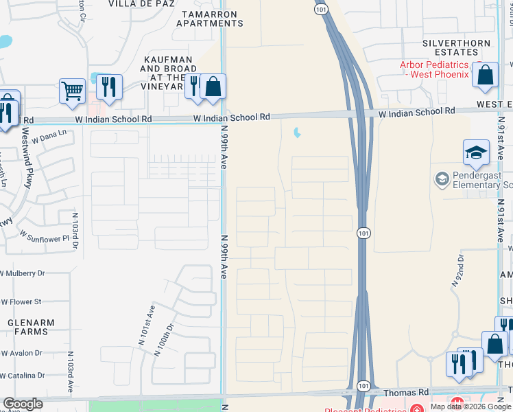 map of restaurants, bars, coffee shops, grocery stores, and more near 2918-3480 North 99th Avenue in Avondale
