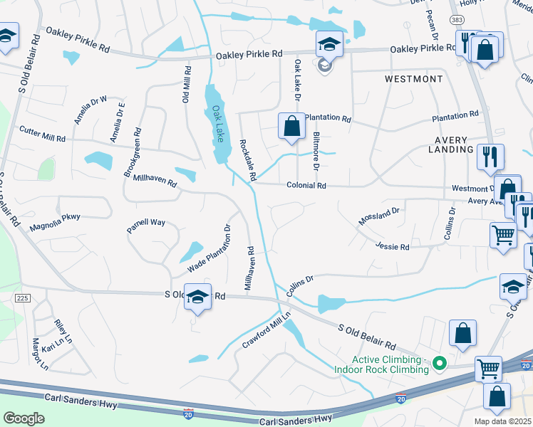map of restaurants, bars, coffee shops, grocery stores, and more near 358 Crown Mill Drive in Augusta
