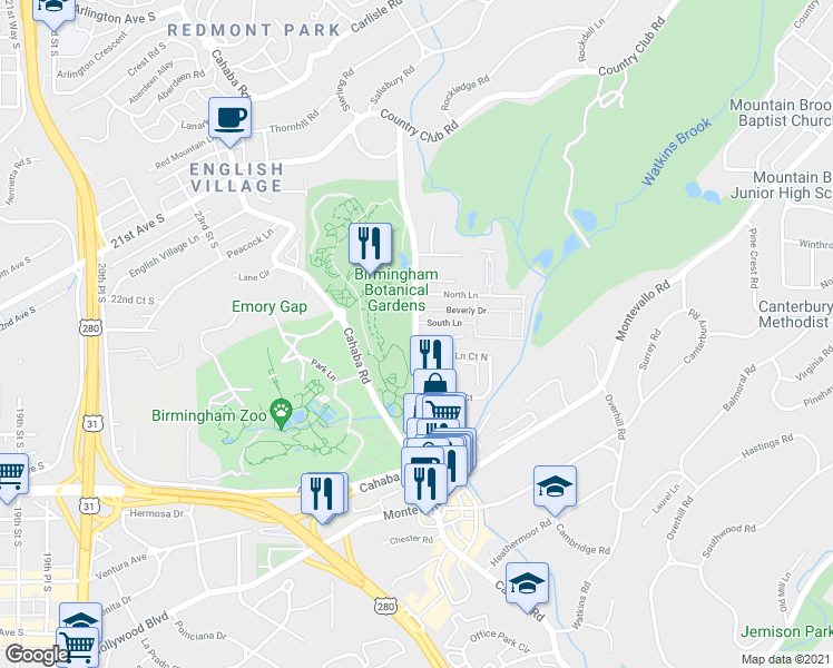 map of restaurants, bars, coffee shops, grocery stores, and more near 2612 Lane Park Road in Birmingham