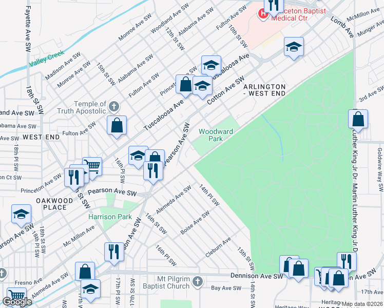 map of restaurants, bars, coffee shops, grocery stores, and more near 944 14th Street Southwest in Birmingham