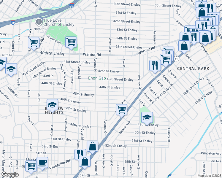 map of restaurants, bars, coffee shops, grocery stores, and more near 1441 44th Street Ensley in Birmingham