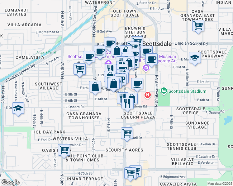 map of restaurants, bars, coffee shops, grocery stores, and more near 3530 North Goldwater Boulevard in Scottsdale