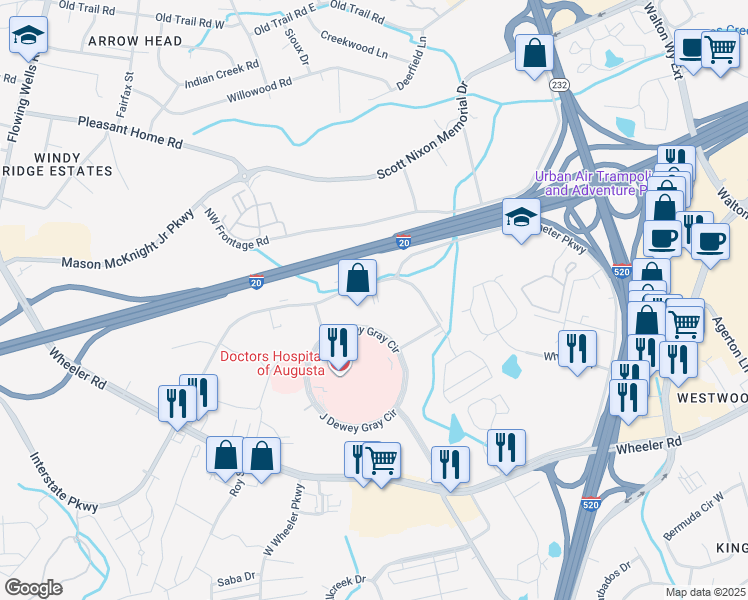 map of restaurants, bars, coffee shops, grocery stores, and more near 711 Legacy Court in Augusta