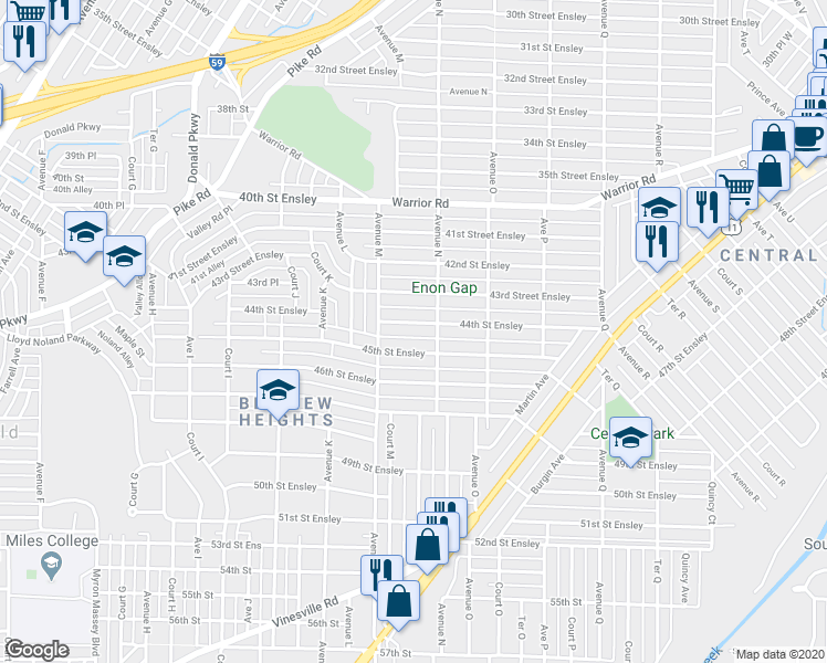 map of restaurants, bars, coffee shops, grocery stores, and more near 1331 44th Street Ensley in Birmingham