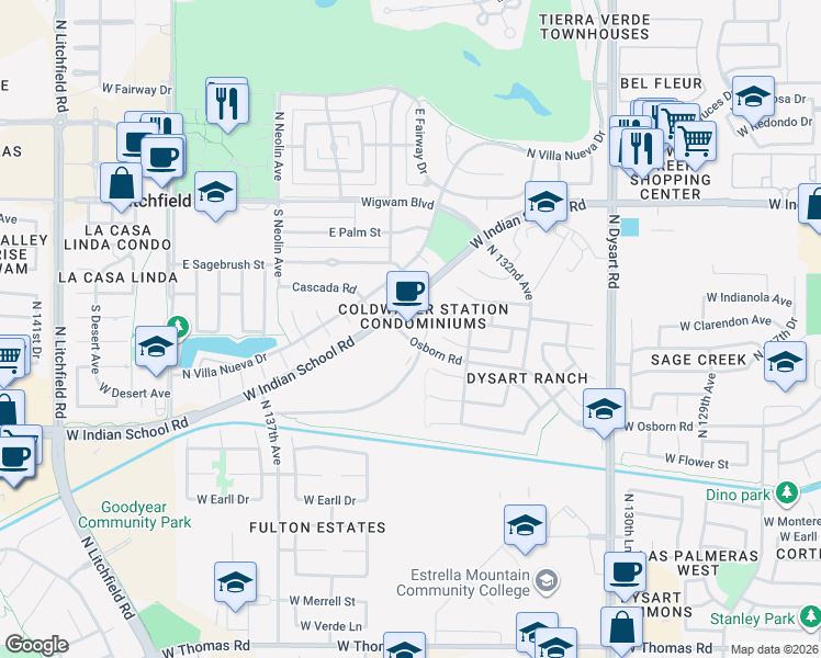 map of restaurants, bars, coffee shops, grocery stores, and more near 13331 West Indian School Road in Litchfield Park