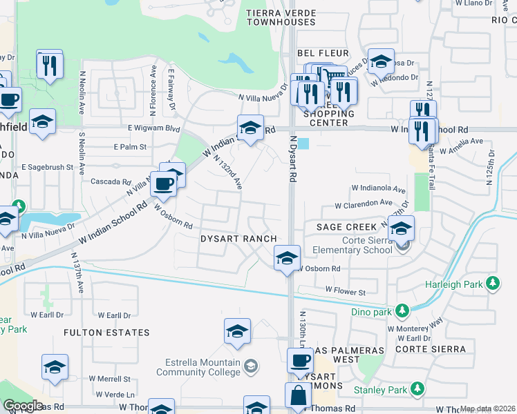 map of restaurants, bars, coffee shops, grocery stores, and more near 13125 West Fairmont Avenue in Litchfield Park