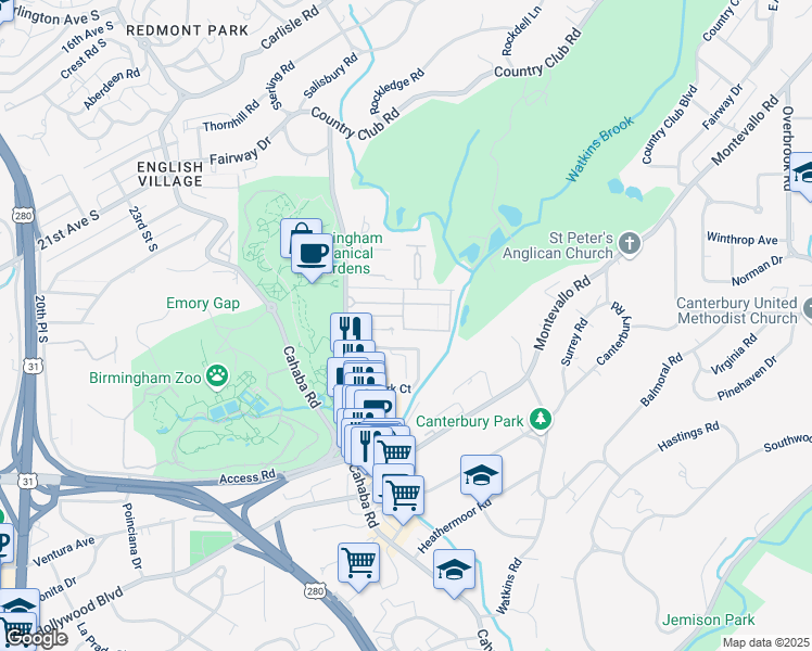 map of restaurants, bars, coffee shops, grocery stores, and more near 2600 Gerald Place in Mountain Brook