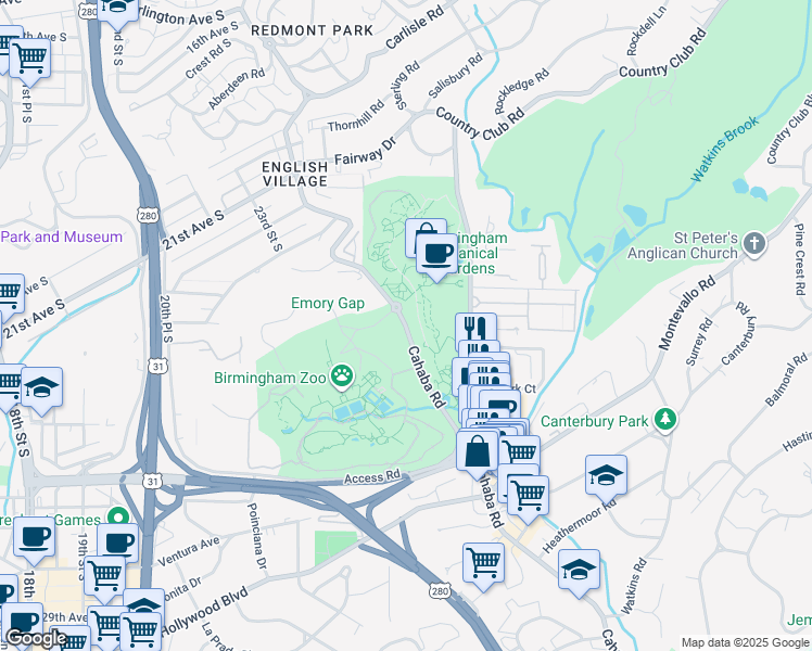 map of restaurants, bars, coffee shops, grocery stores, and more near 2539 Cahaba Road in Birmingham