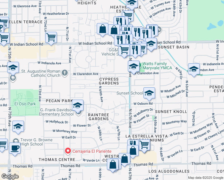 map of restaurants, bars, coffee shops, grocery stores, and more near 6814 West Crittenden Lane in Phoenix