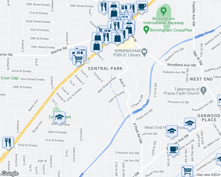 map of restaurants, bars, coffee shops, grocery stores, and more near 4817 Terrace South in Birmingham