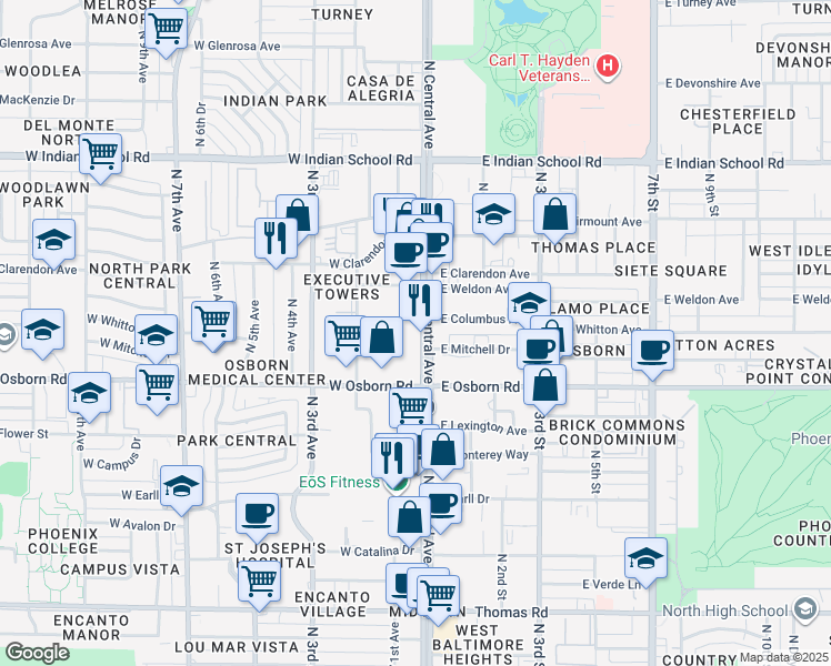 map of restaurants, bars, coffee shops, grocery stores, and more near 3550 North Central Avenue in Phoenix