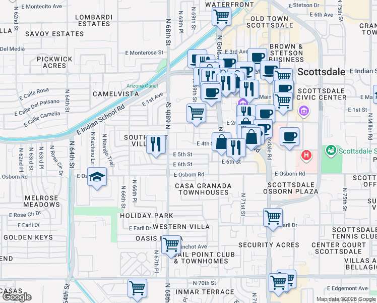 map of restaurants, bars, coffee shops, grocery stores, and more near 6836 East 5th Street in Scottsdale