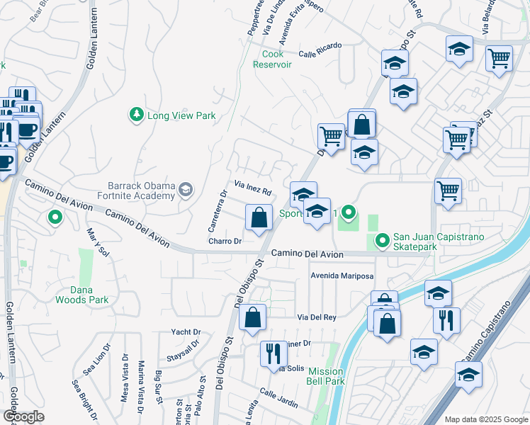 map of restaurants, bars, coffee shops, grocery stores, and more near 25632 Purple Sage Lane in San Juan Capistrano