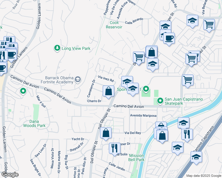 map of restaurants, bars, coffee shops, grocery stores, and more near 25632 Purple Sage Lane in San Juan Capistrano