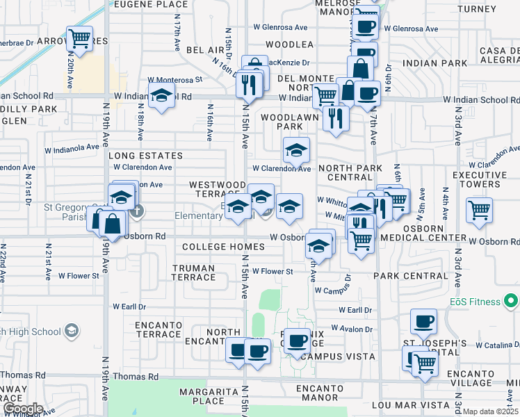 map of restaurants, bars, coffee shops, grocery stores, and more near 1420 West Osborn Road in Phoenix