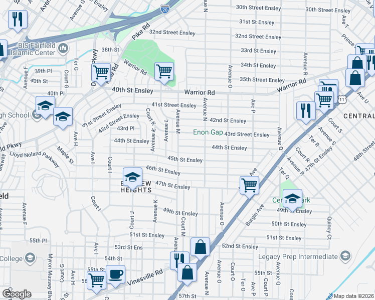 map of restaurants, bars, coffee shops, grocery stores, and more near 1317 44th Street Ensley in Birmingham