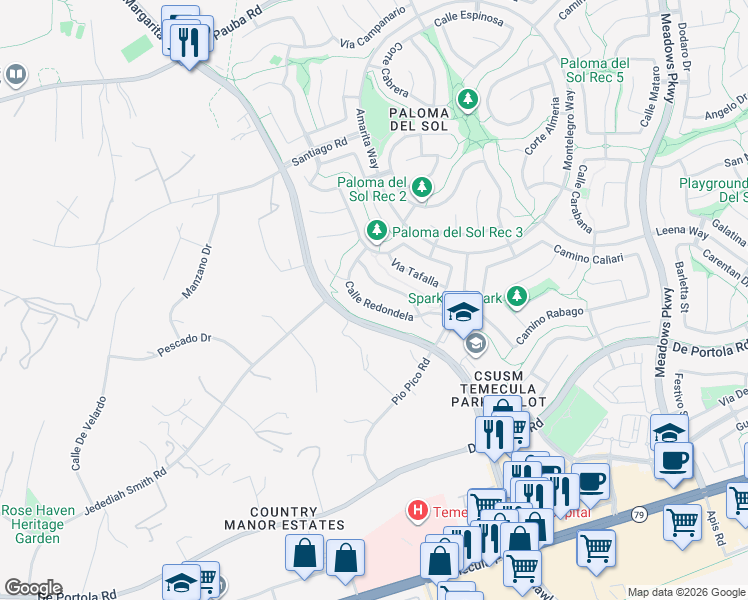 map of restaurants, bars, coffee shops, grocery stores, and more near 31860 Calle Redondela in Temecula