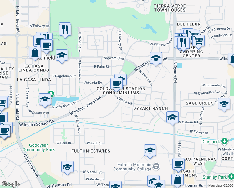 map of restaurants, bars, coffee shops, grocery stores, and more near 13331 West Indian School Road in Litchfield Park