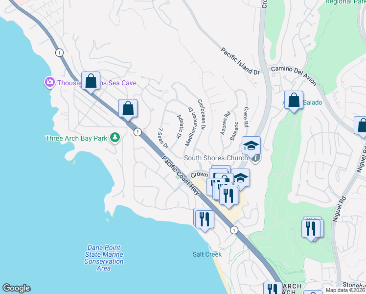 map of restaurants, bars, coffee shops, grocery stores, and more near 32671 Mediterranean Drive in Dana Point