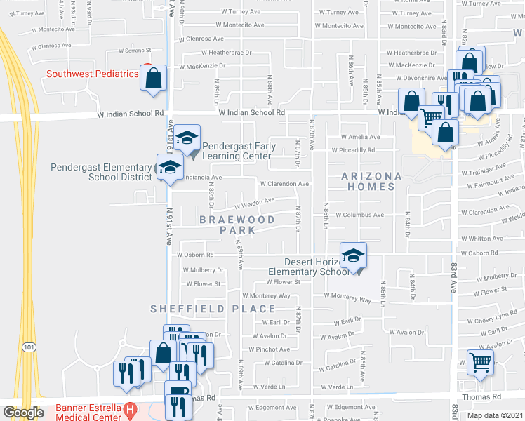 map of restaurants, bars, coffee shops, grocery stores, and more near 8822 West Columbus Avenue in Phoenix