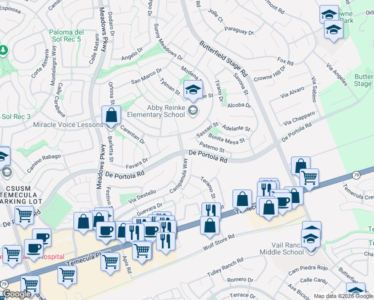 map of restaurants, bars, coffee shops, grocery stores, and more near 32776 De Portola Road in Temecula