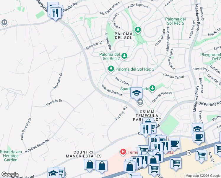 map of restaurants, bars, coffee shops, grocery stores, and more near 31860 Calle Redondela in Temecula
