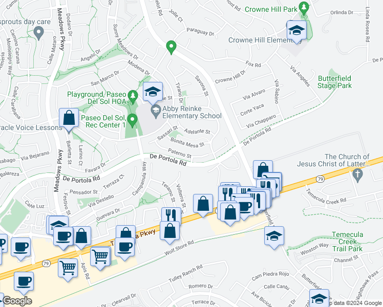 map of restaurants, bars, coffee shops, grocery stores, and more near 32952 Paterno Street in Temecula