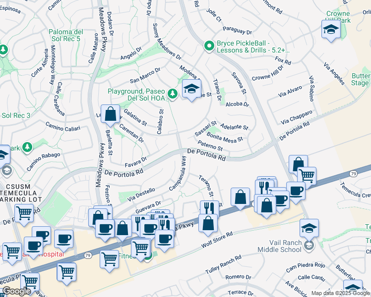 map of restaurants, bars, coffee shops, grocery stores, and more near 32776 De Portola Bridle Path in Temecula