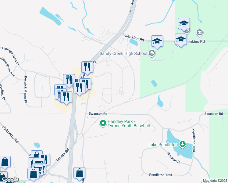 map of restaurants, bars, coffee shops, grocery stores, and more near 410 Millbrook Village Drive in Tyrone