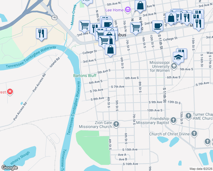map of restaurants, bars, coffee shops, grocery stores, and more near 406 South 7th Avenue in Columbus